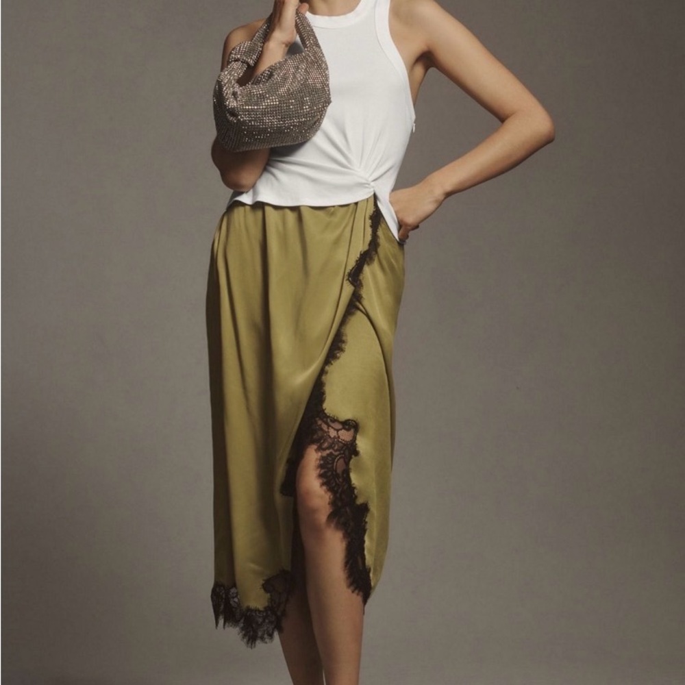 Anthropologie The Keeley Twofer Midi Dress Olive Midi Skirt with Black Lace Trim